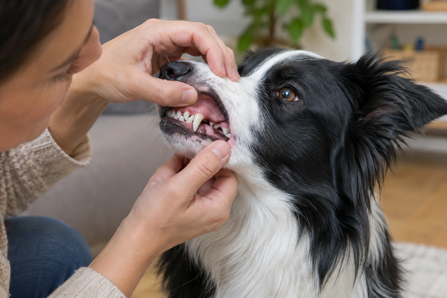 Owner checking a Border Collie’s gums for hydration