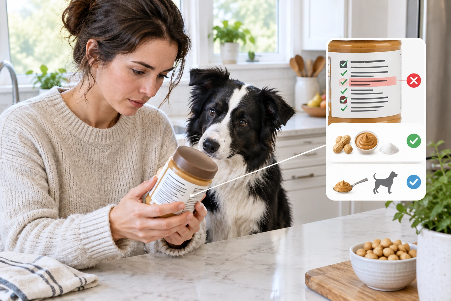 Border Collie owner checking a peanut butter ingredient label for xylitol
