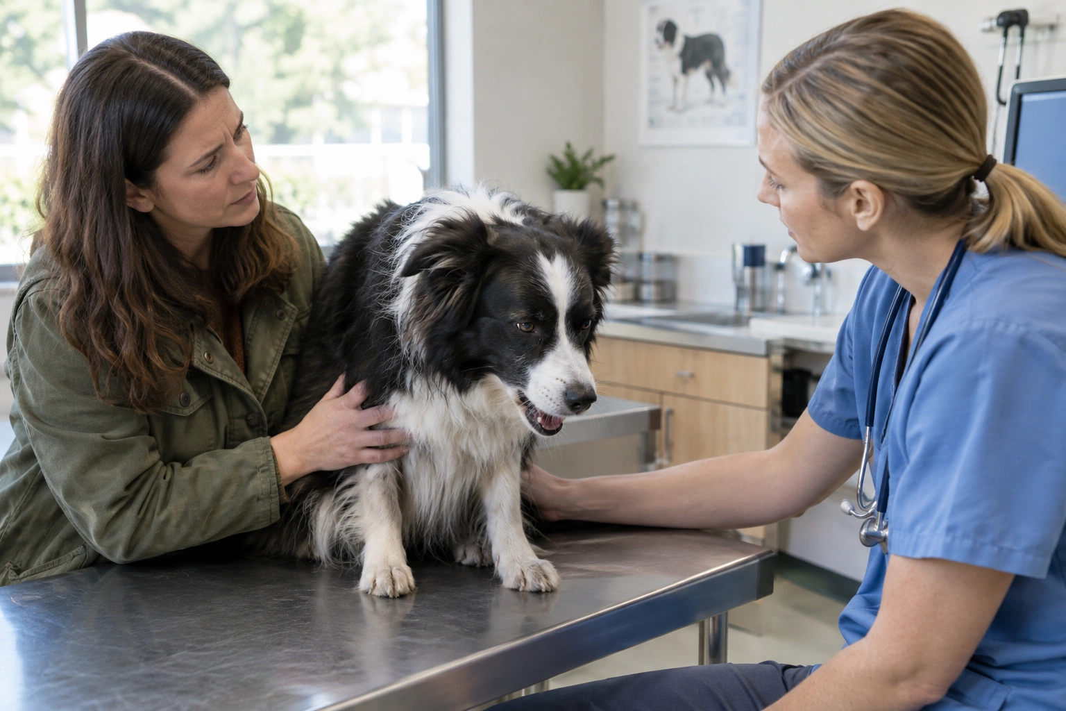 Border Collie with cough being checked by veterinarian