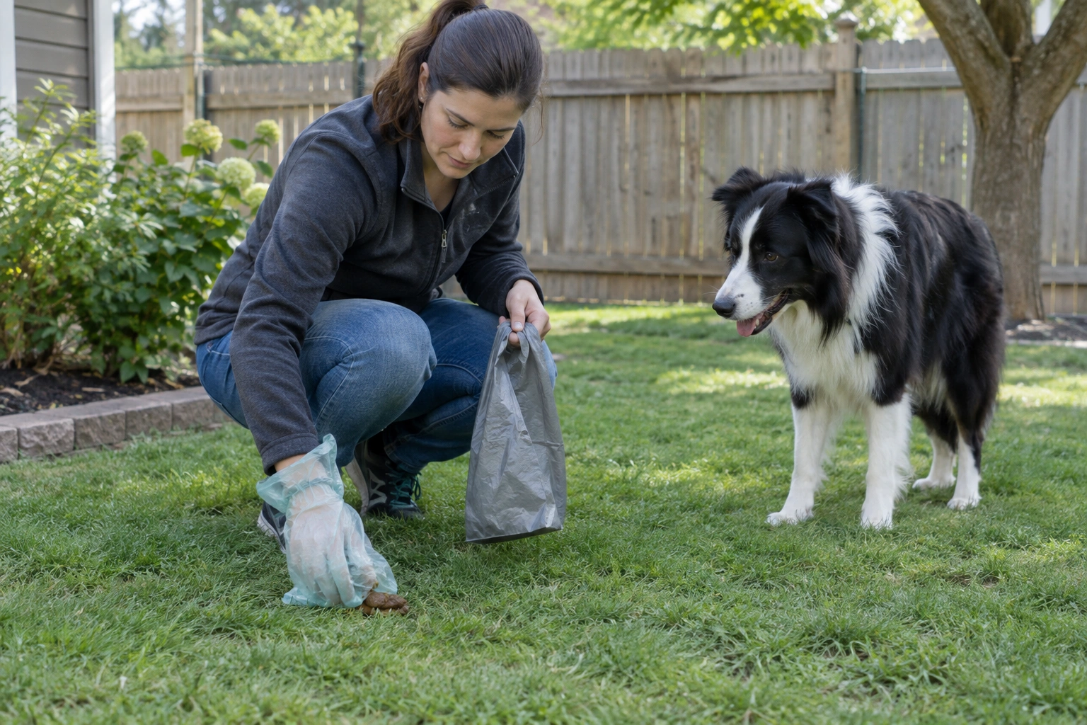 Border Collie owner cleaning up dog poop in the yard before the dog can reach it
