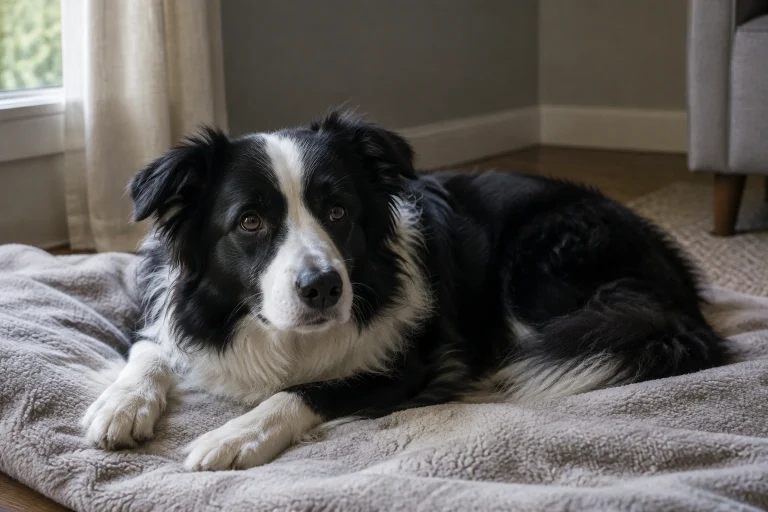 Border Collie resting quietly in a dim room after a seizure