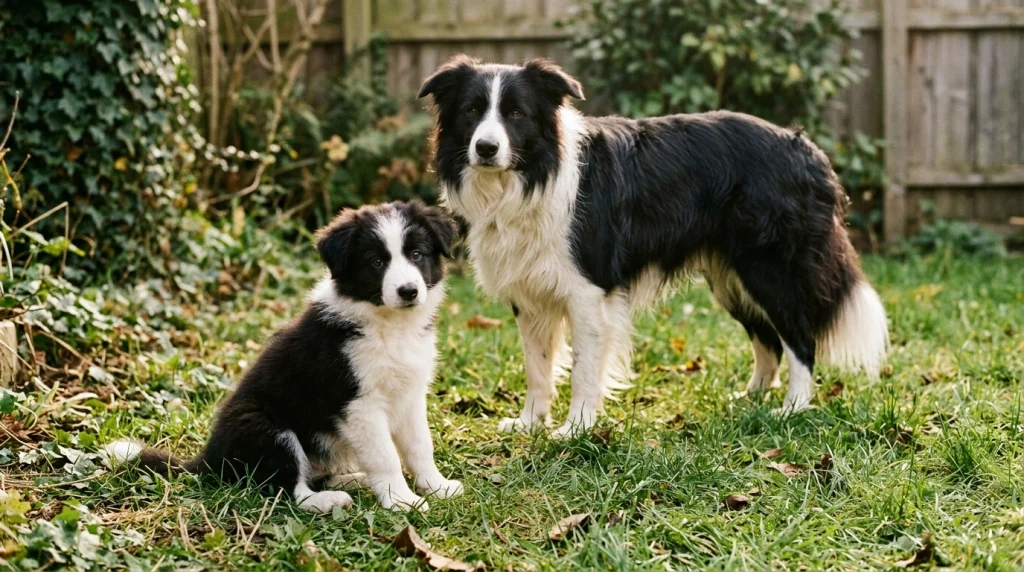 Border Collie puppy and adult dog showing differences in coat softness, density, and feathering.