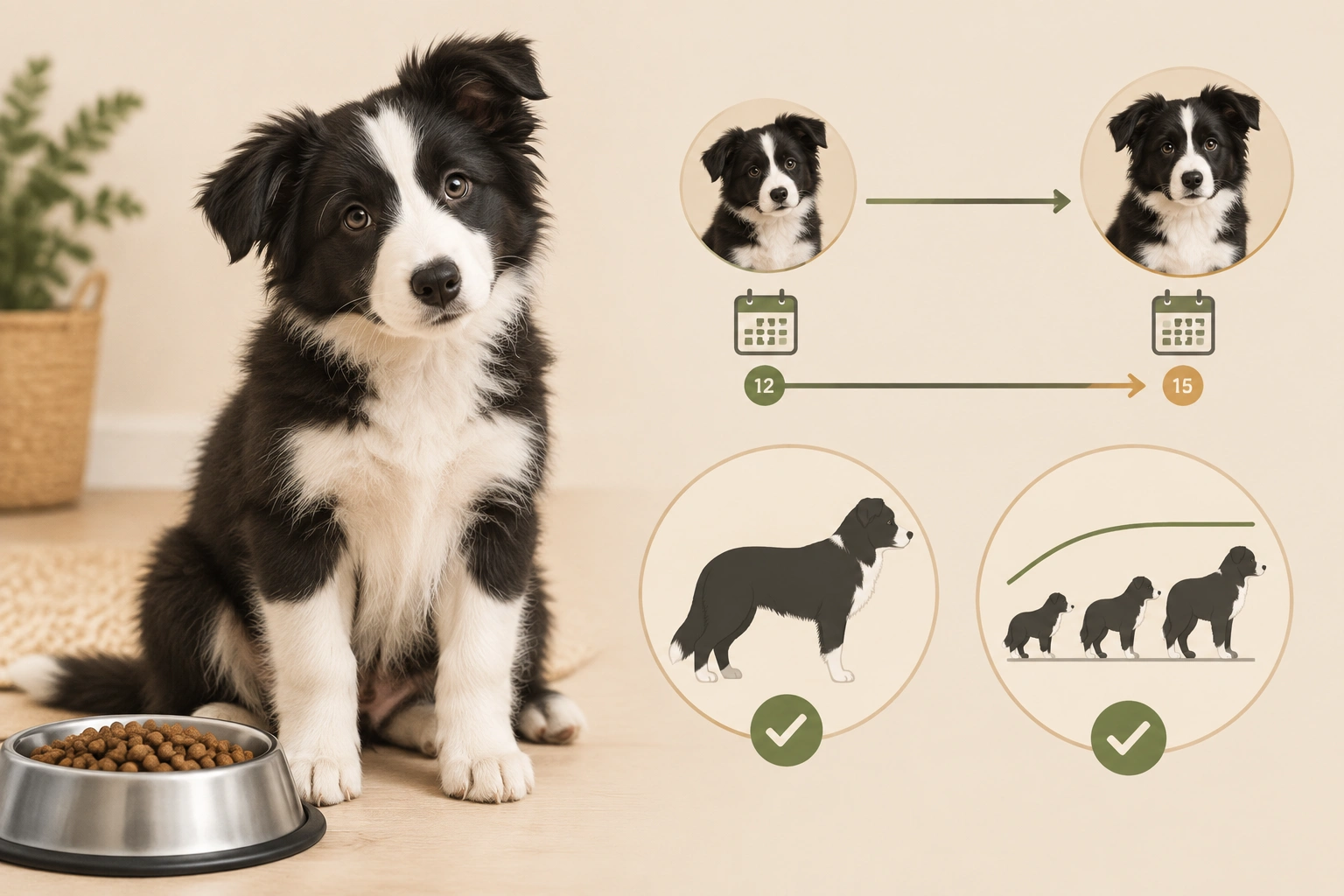 Border Collie puppy near adult size with feeding transition guidance