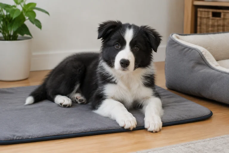 Border Collie puppy lying calmly on a mat during training