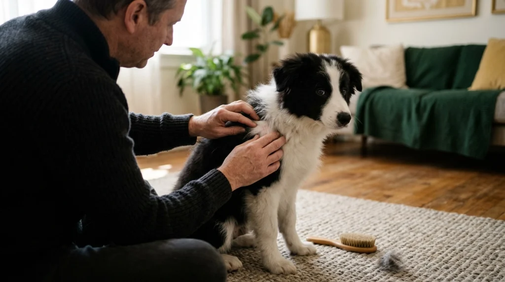 Caregiver gently checks a Border Collie puppy's coat and skin during the shedding transition.