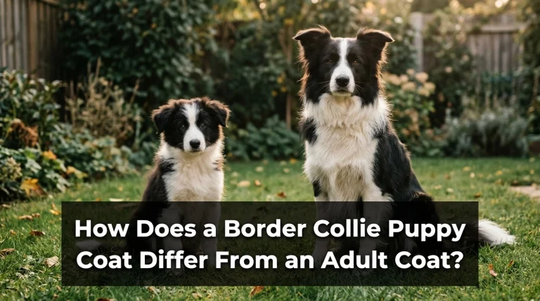 Border Collie puppy with fluffy juvenile fur beside an adult dog with a denser mature coat.