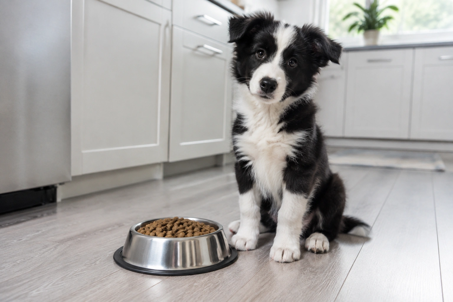 Border Collie puppy food bowl with measured kibble portion