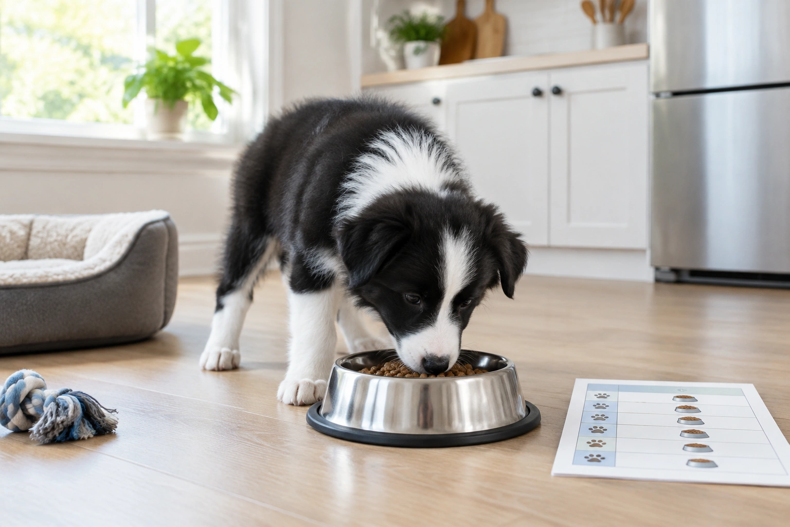Border Collie puppy eating from a bowl on a feeding schedule