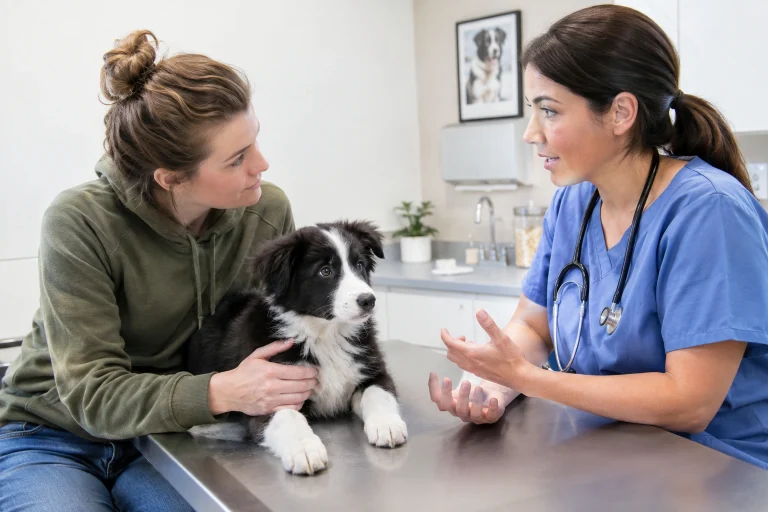 Border Collie puppy with owner discussing spay neuter timing