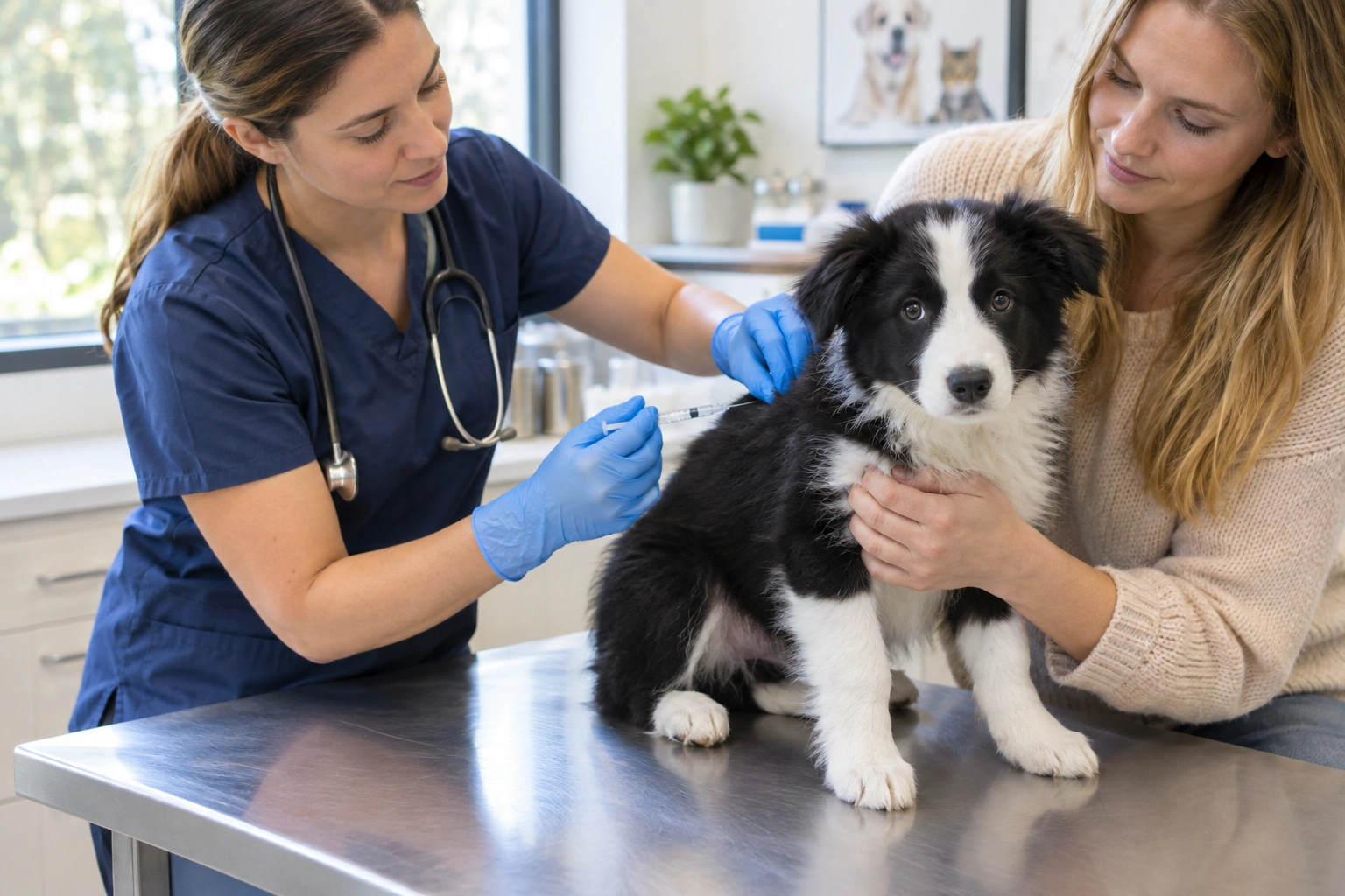 Border Collie puppy getting vaccines at the vet