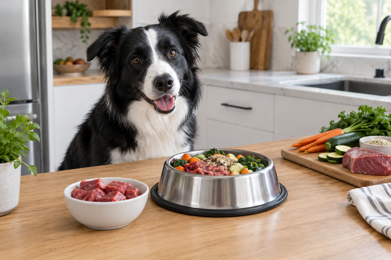 Border Collie owner comparing raw meat treat and complete raw diet options