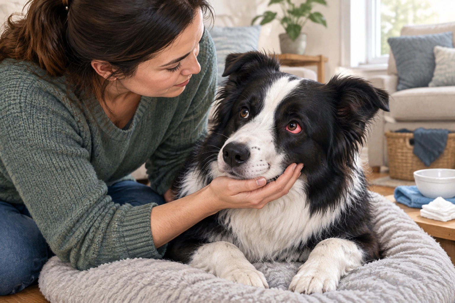 Border Collie with a red eye being checked for urgency