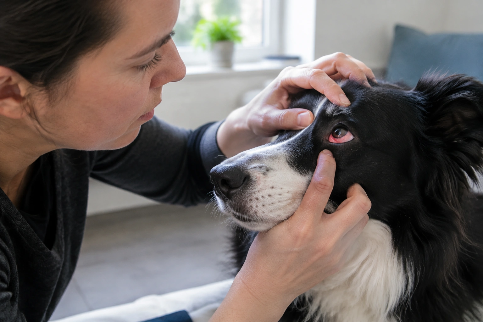 Border Collie owner checking a dog’s red eye for pain and swelling