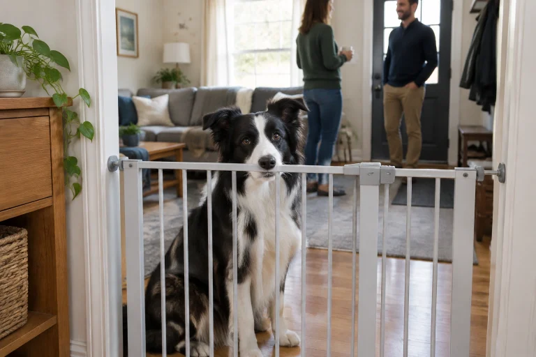 Border Collie behind a baby gate while owner talks to a guest