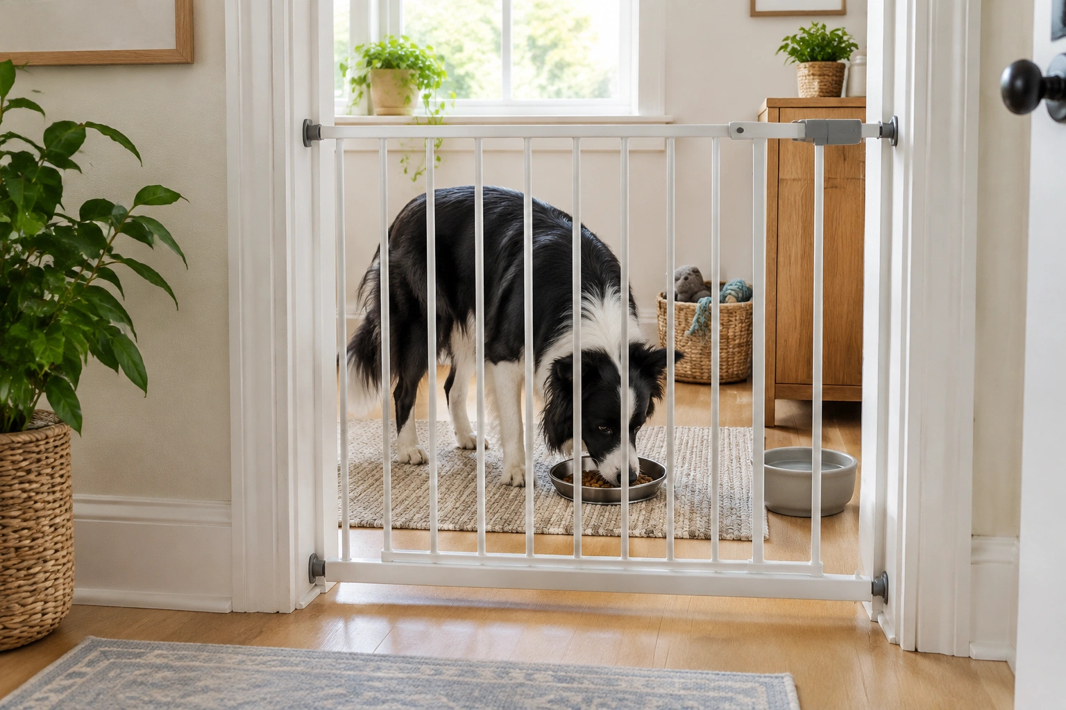 Dog eating calmly behind a gate during management training