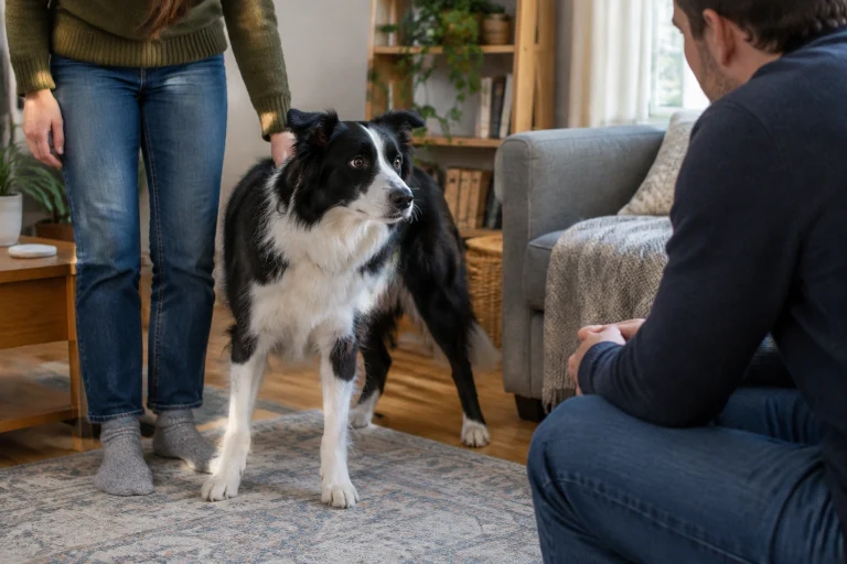 Border Collie standing between owner and visiting guest