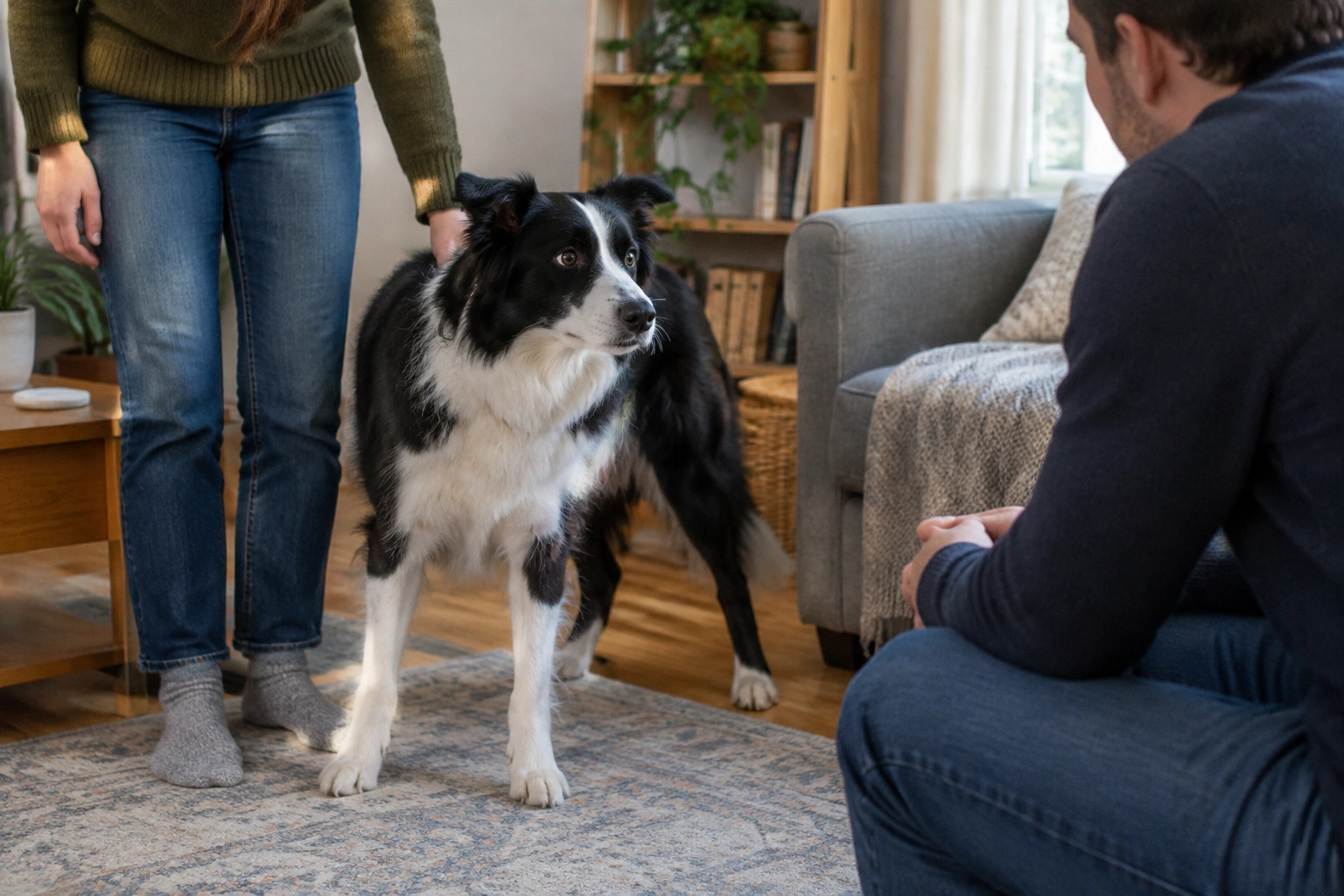 Border Collie standing between owner and visiting guest