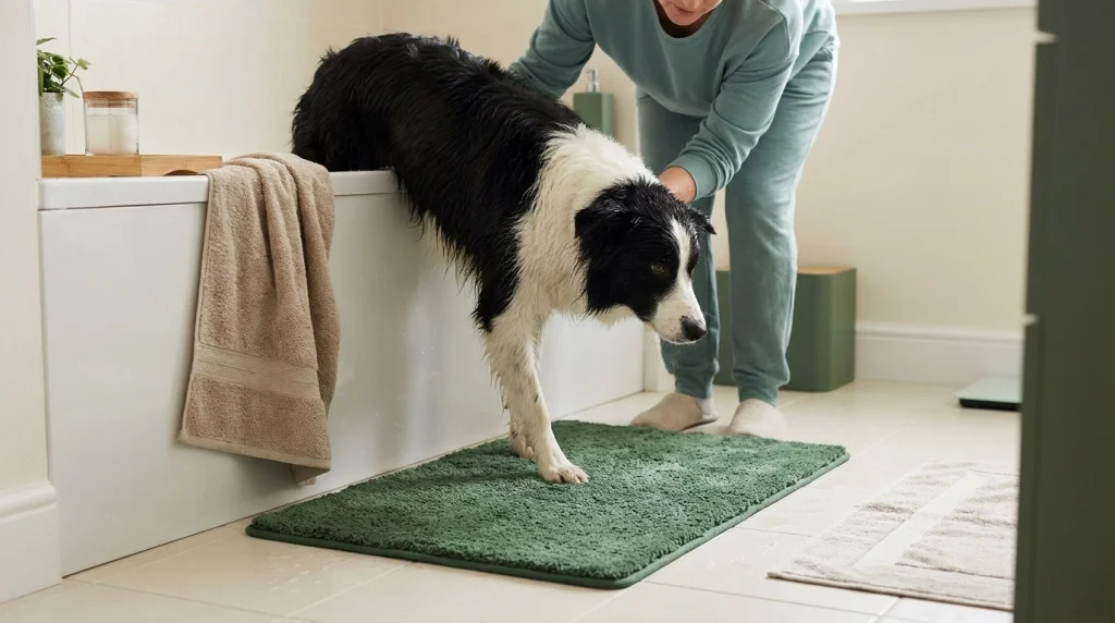 Wet Border Collie stepping carefully from a bathtub onto an absorbent non-slip mat with owner supervision.