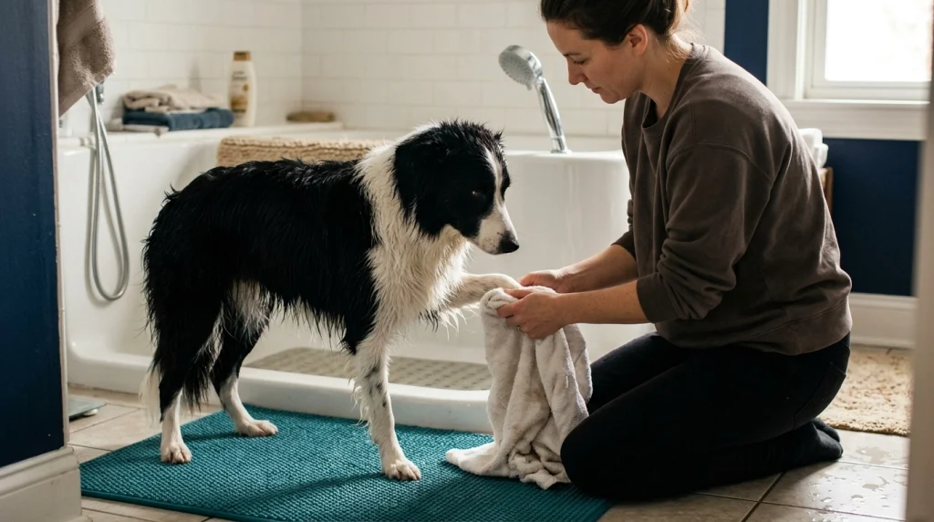 Owner drying a Border Collie's paws on a non-slip bathroom floor mat after bathing.