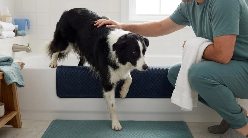 Owner guiding a wet Border Collie from a bathtub onto a dry non-slip floor mat.