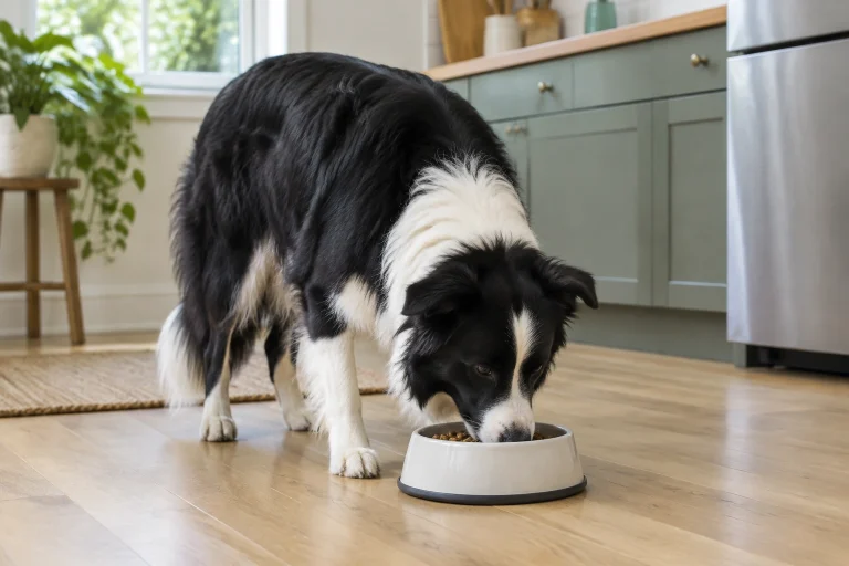 Border Collie eating from a bowl in a quiet home setting