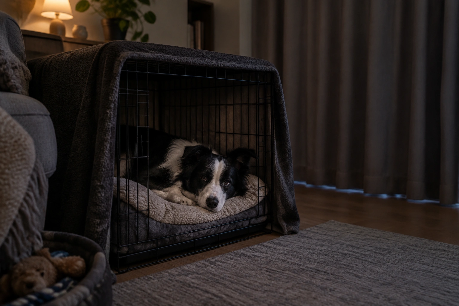 Dog resting in a covered crate during loud noise