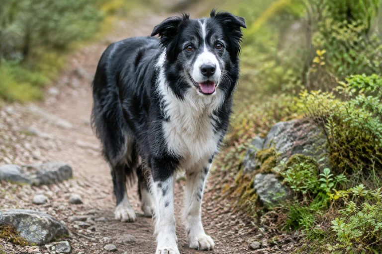 Border Collie walking calmly on a trail
