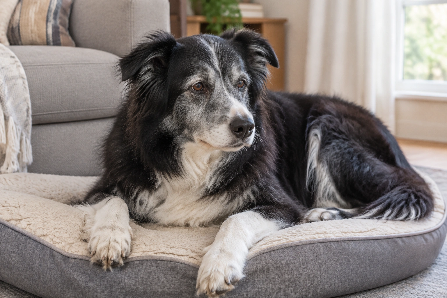Border Collie showing subtle senior aging signs like gray muzzle and stiffness