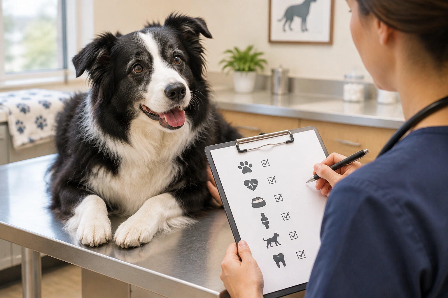 Border Collie senior care checklist beside a vet exam