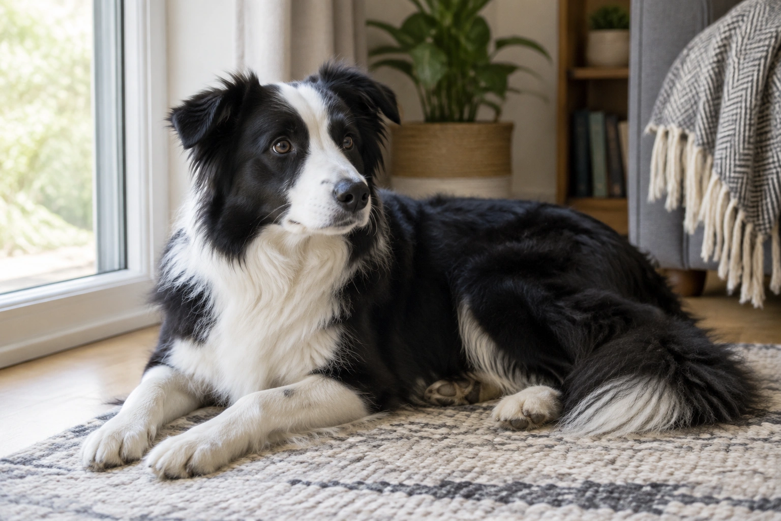 Border Collie resting on a rug near a window