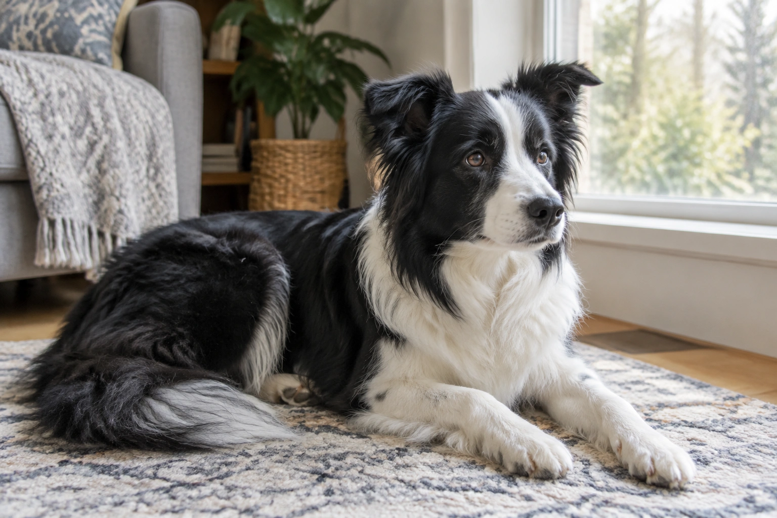 Border Collie resting on a rug near a window