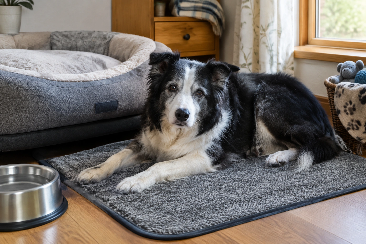 Senior Border Collie resting on a non-slip mat with leash and water bowl nearby