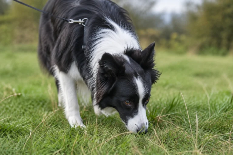 Border Collie sniffing grass on a walk