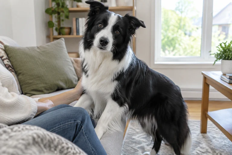 Border Collie standing close to owner on couch