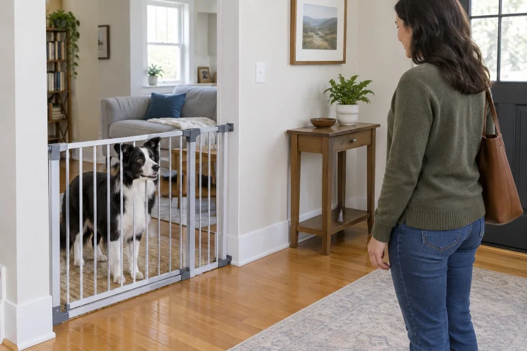 Border Collie behind a gate with a visitor at a distance