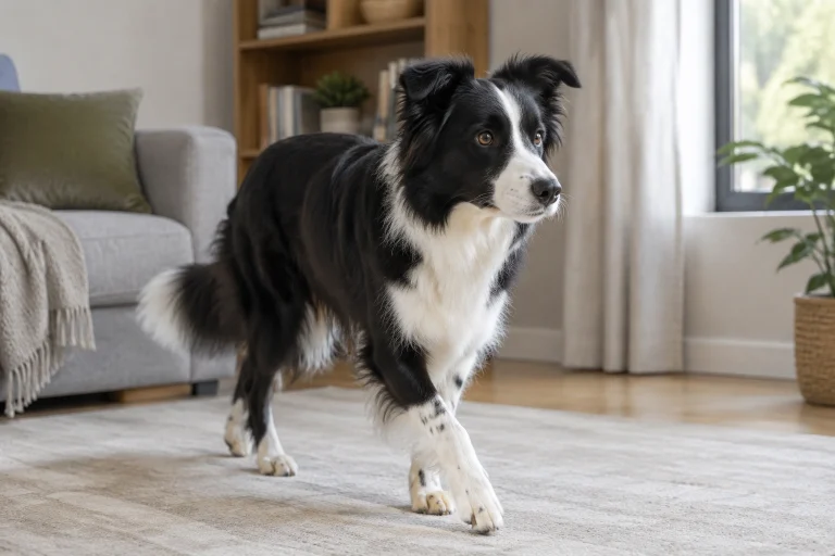 Border Collie pacing indoors and looking anxious