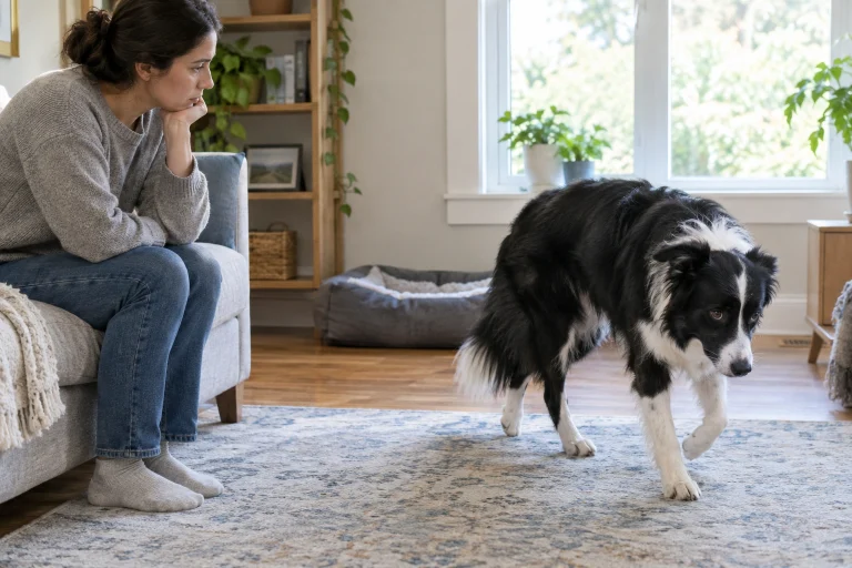 Border Collie owner observing a dog that is suddenly acting unusual
