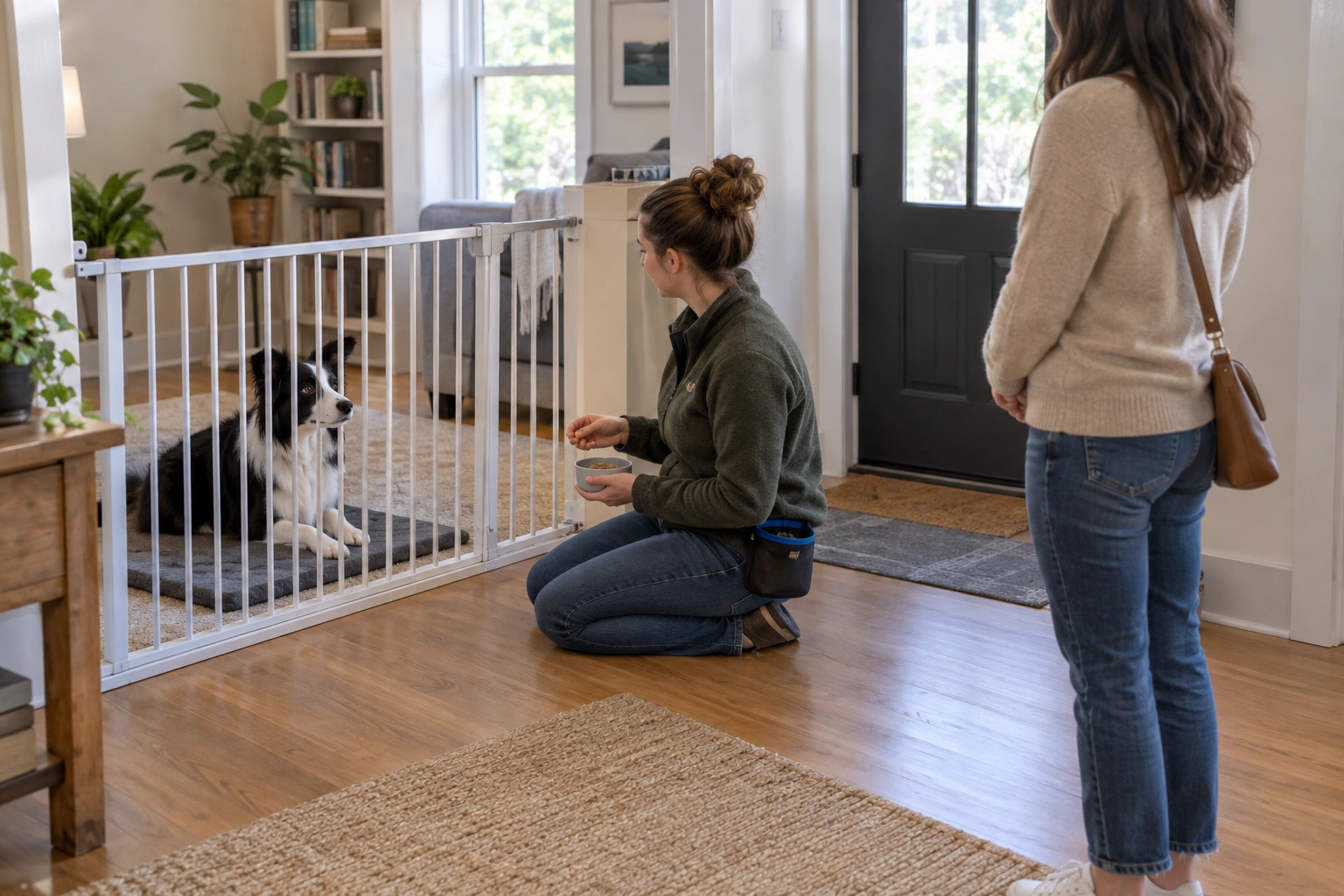 Dog on mat behind baby gate during training