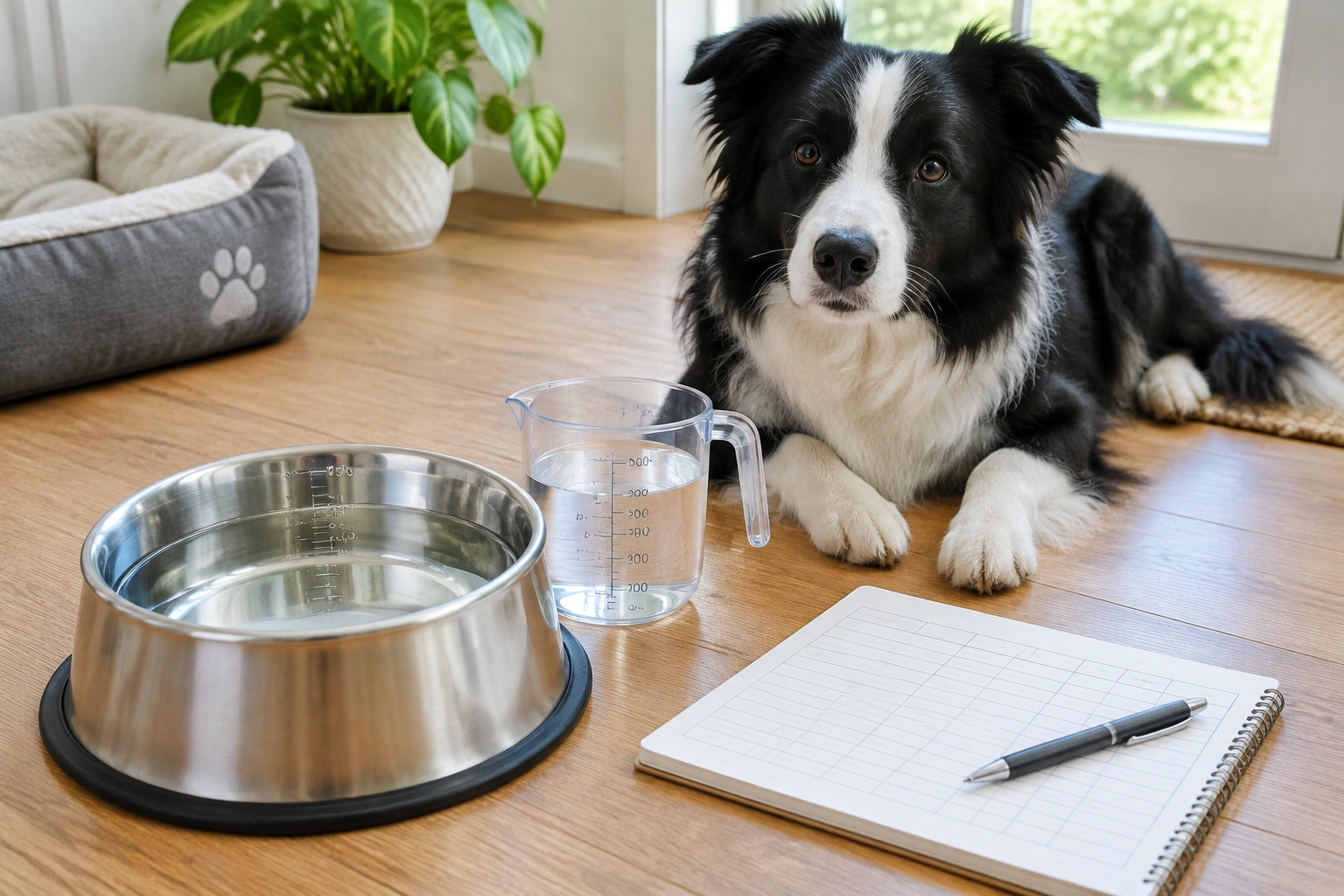 Border Collie water intake tracking with measured bowl refills