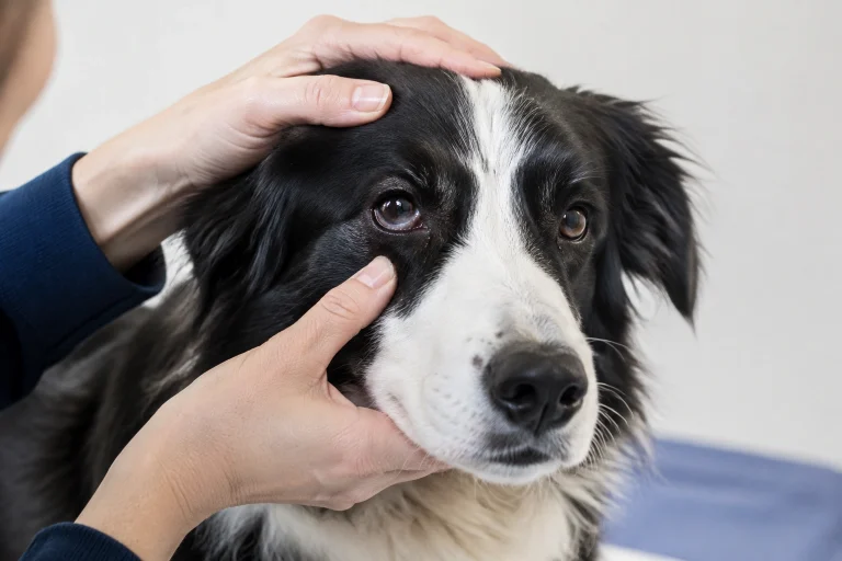 Border Collie with one watery eye being gently examined