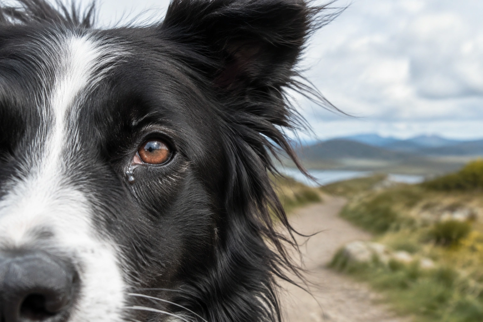 Border Collie with a slightly watery eye outdoors