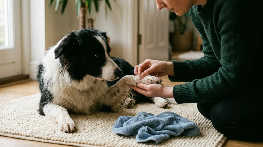 Owner gently checking between a Border Collie’s toes after drying its wet paw.