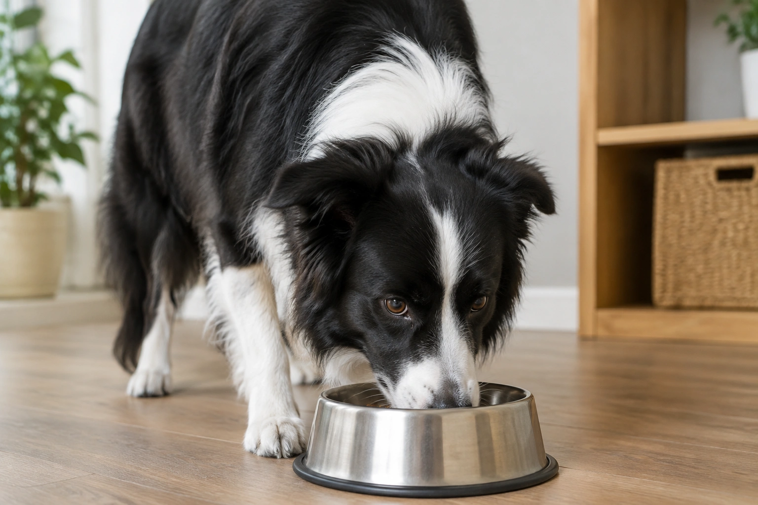 Border Collie eating from a stainless bowl