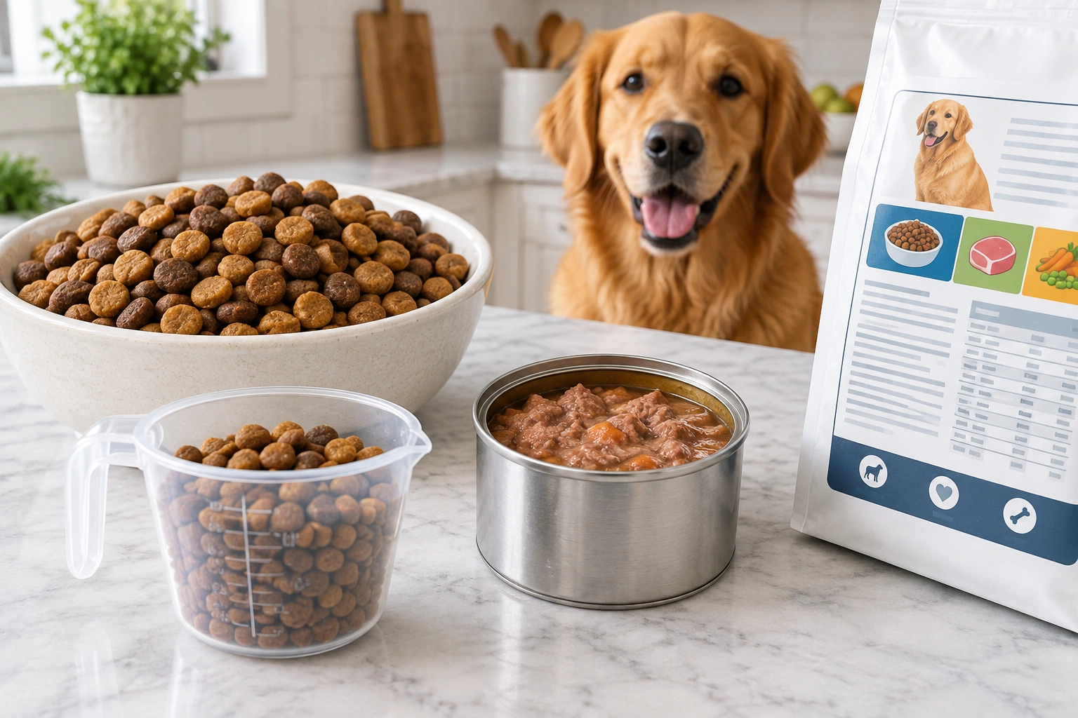 Dog food portions with measuring cup and can