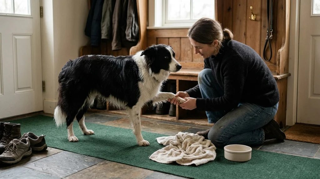Border Collie standing on a secure dry mat while its owner checks its paws after a rainy walk.