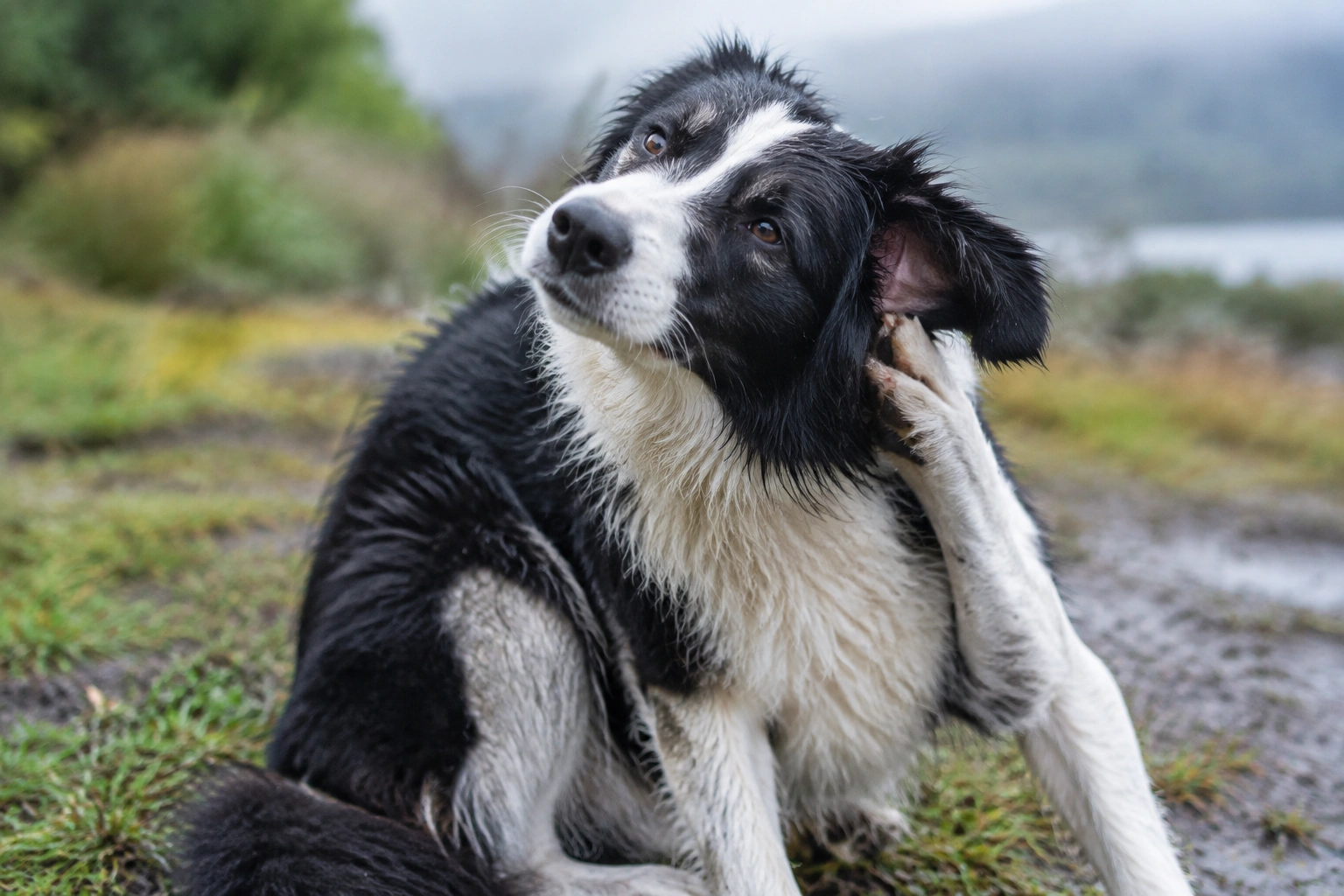 Border Collie scratching at ear with suspected yeast infection