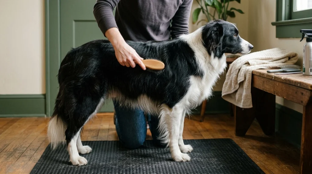 A Border Collie receives gentle brushing along the coat on its side, with its feathered fur visible.