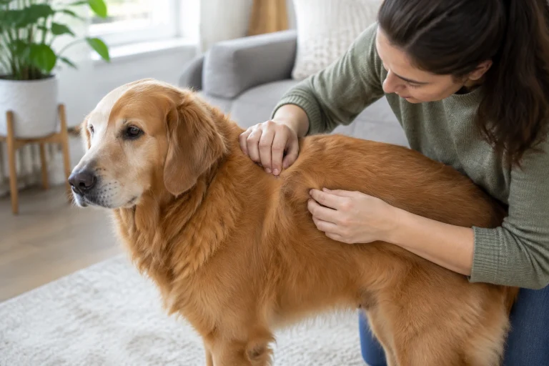 Dog owner checking a lump on a dog’s back