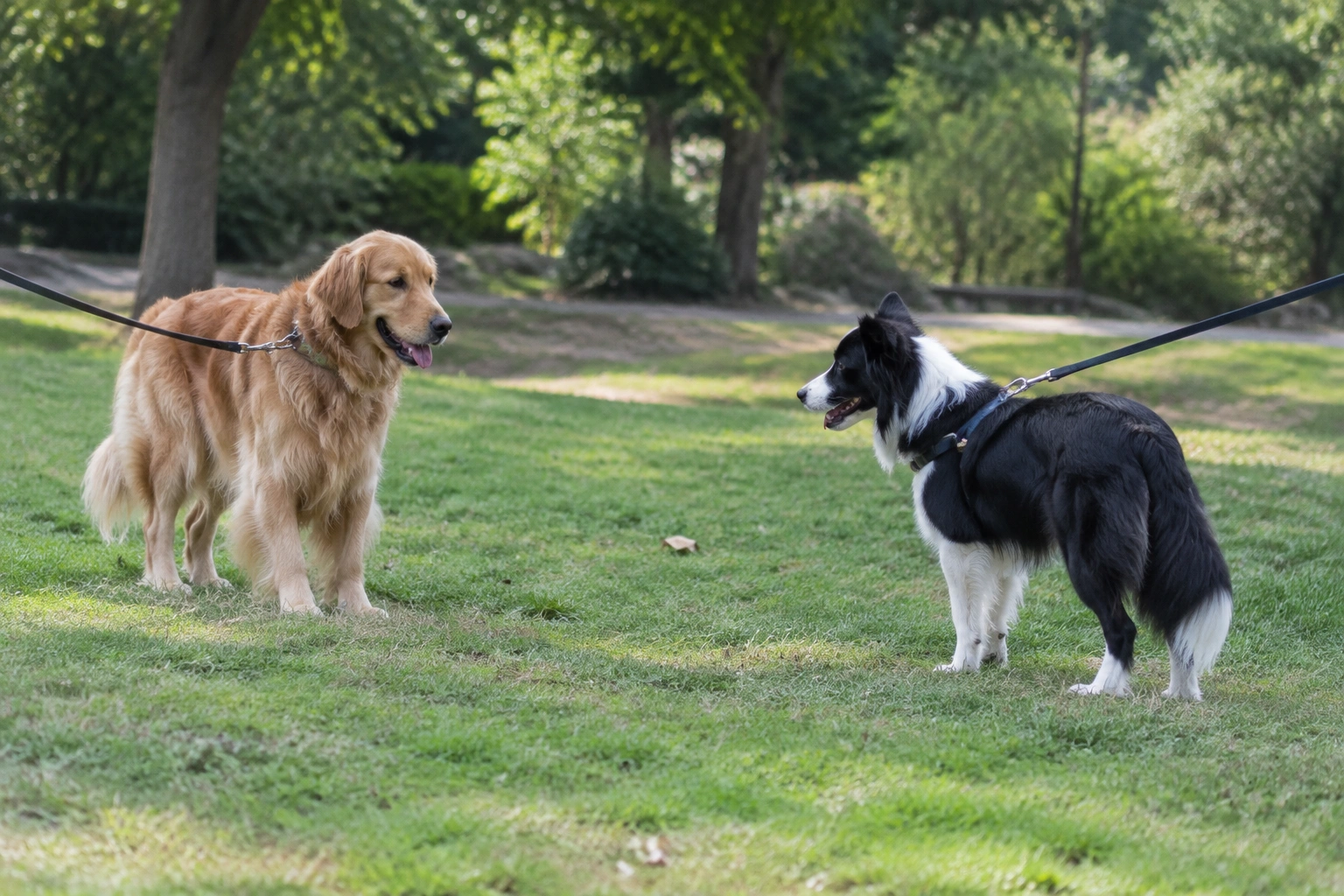 Two dogs meeting calmly at an angle with space between them
