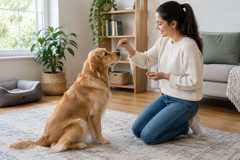 Dog owner calmly training a dog with positive reinforcement